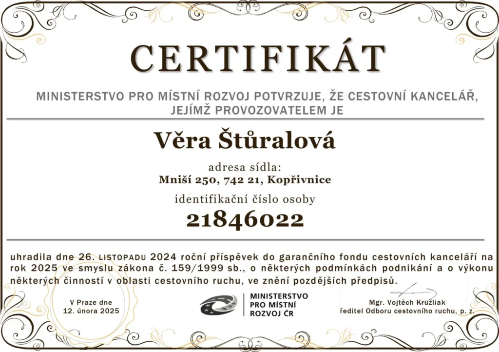 Autobusové zájezdy a výlety s CK Lehátko – Mniší, Kopřivnice - certifikat-2025.webp